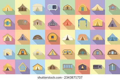 Glamping icons set flat vector. Tent adventure. Bonfire cozy