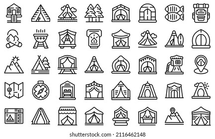 Glamping icons set outline vector. Tent adventure. Architecture camping