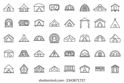 Glamping icons set outline vector. Tent adventure. Bonfire cozy