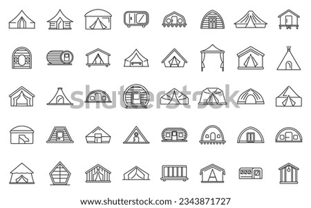 Glamping icons set outline vector. Tent adventure. Bonfire cozy