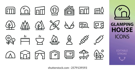 Glamping line icons set. Set of dome house, forest hut, glass house, glamp hotel, yurt, tent, weekend picnic, geodesic dome vector icon with editable stroke