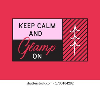 Glamping logo, adventure camp emblem illustration design. Outdoor label with tree and text - Keep calm Glamp on. Unusual linear pink hipster style sticker. Stock vector.