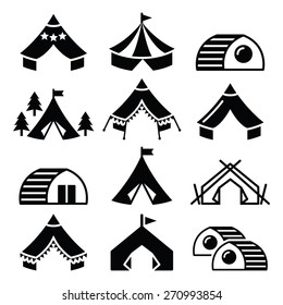 Glamping, luxurious camping tents and bambu houses icons set 