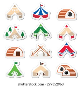 Glamping, Luxurious Camping Tents And Bambu Houses Icons Set 