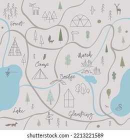 Glamping map seamless pattern. Forest landscape, signposts, animals, tents, houses for web, branding simple vector line illustrations. Outdoor weekend, hiking, camping, holiday in the forest concept.