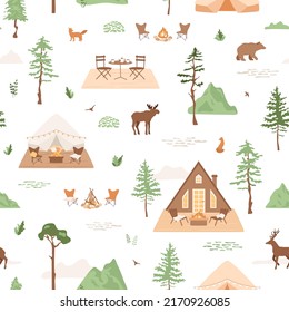 Glamping map. Seamless pattern with tent, house, chairs near fire pit with blanket, pillows on terrace. Outdoor recreation, travel in mountains and forest. Suburban scene. Cozy courtyard, wild animals