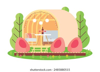 Glamping pod based on a wooden arched frame covered with fabric, with an interior inside, on a podium with chairs in nature. Cozy cabin with furniture, lighting on an open terrace.