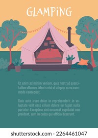 Glamping promo banner or poster with tent for comfortable luxurious accommodation of tourists, flat vector illustration. Relax in nature and travel banner.