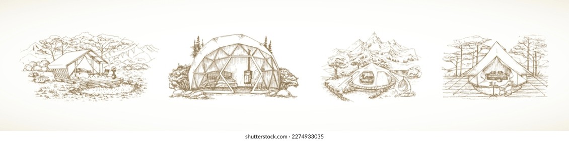 Illustrationen zum Thema Glamping. Handgezeichnet Komfortable Outdoor Zelt Landschaft Landschaft Landschaft Paket. Glamour Modern Nature Rest Sketch Emblems Collection. isoliert