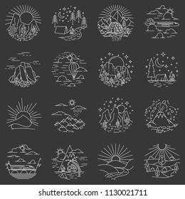 Glamping recreation linear icons set on black background. Round icons and logo design elements with nature landscapes. Vector illustration