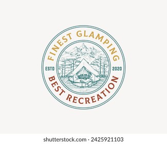 Glamping Recreation Retro Frame Badge Logo Template. Hand Drawn Comfortable Outdoor Tent with Mountains and Forest Landscape Sketch with Typography. Nature Rest Emblem. Isolated