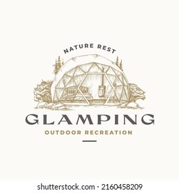 Glamping Recreation Retro Logo Template. Hand Drawn Comfortable Outdoor Tent Landscape Sketch With Typography. Vintage Sketch Emblem. Isolated