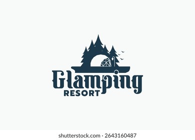 Glamping resort logo with a combination of pine forest and luxury tent. It is good for outdoor activity business, rental, travel, etc.