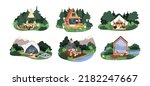 Glamping resorts with bubble, wood and glass houses, comfortable tents in nature. People tourists at premium luxury glamour camping set. Flat graphic vector illustration isolated on white background
