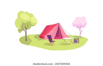 Glamping resorts. Forest touristic camp with tent, folding table and chair for adventure tourism and travel, bushcraft and backpacking. Campsite surrounded by trees. Сartoon vector illustration.
