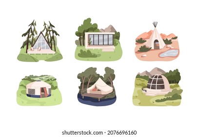 Glamping set, luxury camping in nature. Comfortable tents, glass and bubble houses, yurts, huts and tipi for recreation outdoors with comfort. Flat vector illustrations isolated on white background