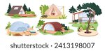 Glamping set vector illustration. Cartoon isolated luxury camping tent and wooden and glass tipi in summer nature, bubble house in forest, resort with glamour comfort for weekend and adventure