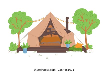 Glamping tent for comfortable luxurious accommodation of tourists, flat vector illustration isolated on white background. Rental of comfortable camp sites and facilities.
