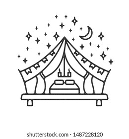 Glamping tent grunge logo. Textured label with fashion tent under night sky. Modern recreation on nature.