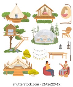 Glamping tent and houses for luxury weekend vector set. People tourist enjoy romantic comfortable rest on nature. Furniture and lounge area for outdoor tourism