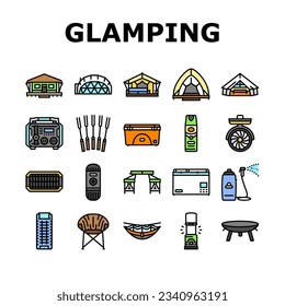 glamping carpa naturaleza iconos de lujo conjunto vector. áfrica forestal, glamur barbacoa, campamento, burbujas de hoguera, playa de sillas, carpa de vacaciones glamping naturaleza ilustraciones de lujo de la línea de color