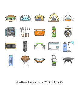 glamping tent nature luxury icons set vector. forest africa, barbecue glamour, camp, campfire bubble, chair beach, vacation glamping tent nature luxury color line illustrations