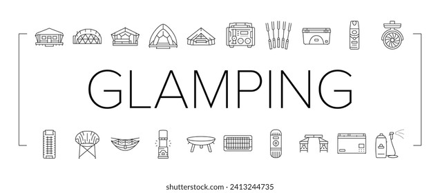 glamping tent nature luxury icons set vector. forest africa, barbecue glamour, camp, campfire bubble, chair beach, vacation glamping tent nature luxury black line illustrations