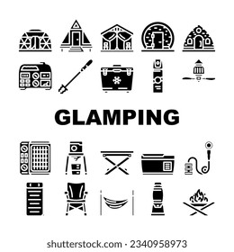 glamping tent nature luxury tipi icons set vector. forest africa, barbecue glamour, camp, campfire bubble, chair beach, vacation glamping tent nature luxury tipi glyph pictogram Illustrations