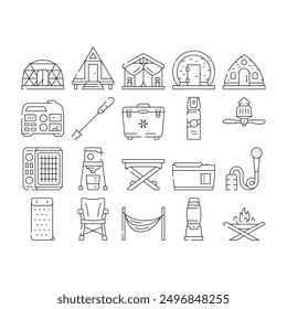 glamping tent nature luxury tipi icons set vector. forest africa, barbecue glamour, camp, campfire bubble, chair beach, vacation glamping tent nature luxury tipi black contour illustrations