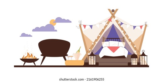 Glamping tent ready for tourists accommodation, flat vector illustration isolated on white background. Glamping or camping site with luxurious facilities.