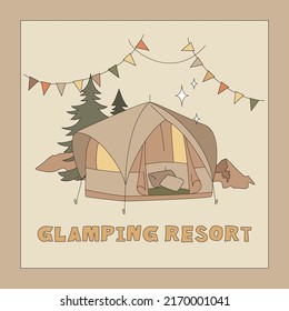 Ilustración vectorial de carpas y abetos de glamour con trazo editable. Plantilla moderna de diseño retro en colores naturales. Estética del campamento de confort. Afiche al aire libre con texto - Glamping Resort.