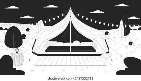 Glamping tent starry night sky black and white line illustration. Retreat comfortable 2D scenery monochrome background. Romantic getaway countryside. Nighttime meadow outline scene vector image