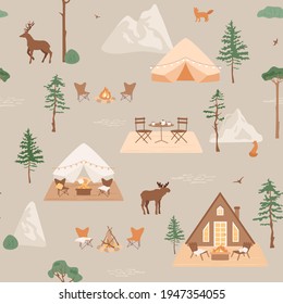 Glamping, travel concept. Illustration with tent, chairs near camp fire with blanket and pillows on terrace. Outdoor recreation, in mountains and forest. Suburban scene. Cozy courtyard, wild animals. 