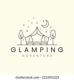 glamping with tree line art vector logo template illustration design, camping, tent logo concept