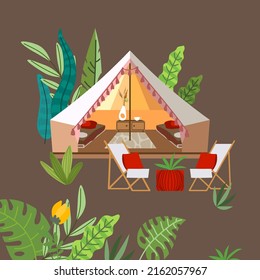 Glamping vector illustration. Beautiful picture with marquee and tropical flora. Good for your design.