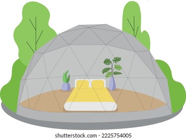 Glamping.Circle shape, text eco tourism.  Summer vector illustration. Comfortable tents, glass and bubble houses. chairs near camp fire.Outdoor recreation in mountains and forest. Vacation, recreation