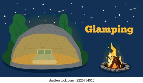 Glamping.Circle shape, text eco tourism.  Summer vector illustration. Comfortable tents, glass and bubble houses. chairs near camp fire.Outdoor recreation in mountains and forest. Vacation, recreation