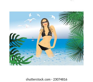 Glamur bikini girl on a beach. Vector.