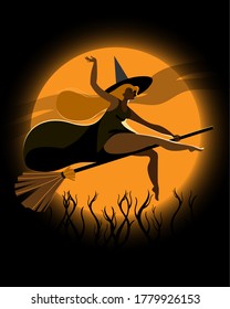 Glamurnoe silhouette of a witch flying on a broomstick. Template for a vertical poster.