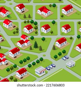 A glance at the isometric 3D illustration view of a cottage townhouse bungalow, residential, villa village from above. Streets, houses, real estate plots are shown.