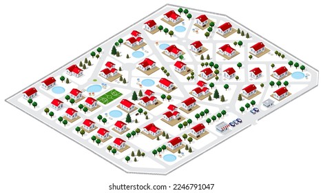 Ein Blick auf die isometrische 3D-Illustration eines Bungalows in einem Landhaus