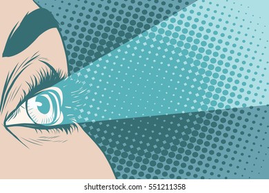 Glance spotlight eye girl, pop art retro vector illustration
