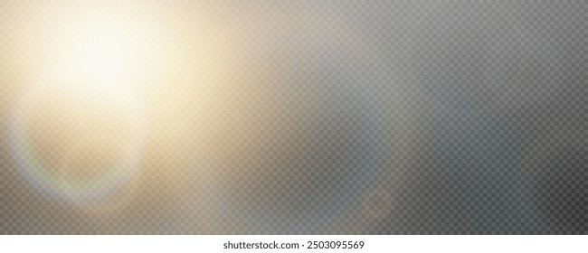 Glare against the backdrop of bright sunlight, morning dawn joy. Magic light spectrum effect on transparent png background.	
