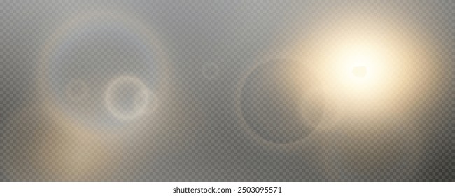 Glare against the backdrop of bright sunlight, morning dawn joy. Magic light spectrum effect on transparent png background.	
