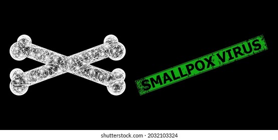 Glare crossing mesh bones model with lightspots, and green rectangular corroded Smallpox Virus seal imitation. Constellation vector framework created from bones symbol and crossing white lines.