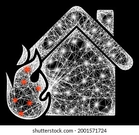 Glare crossing mesh burning home frame with lightspots. Constellation vector mesh created from burning home pictogram and intersected white lines. Sparkle constellation mesh burning home,