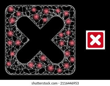 Glare crossing mesh close button icon with illuminated spots. Illuminated constellation is done from close button vector icon and crossing lines. Illuminated frame close button, on a black background.
