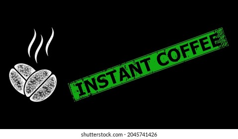 Glare crossing mesh coffee aroma carcass with glowing spots, and green rectangle scratched Instant Coffee stamp. Illuminated vector mesh created from coffee aroma symbol and intersected white lines.
