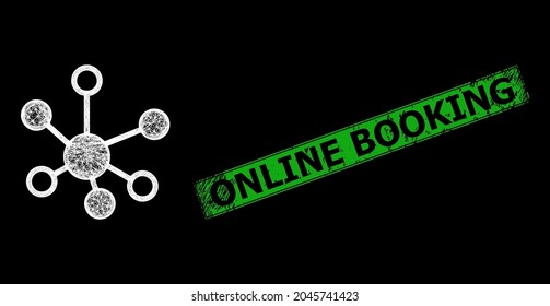 Glare crossing mesh connections frame with light dots, and green rectangle unclean Online Booking seal print. Constellation vector frame created from connections icon and crossing white lines.