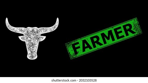 Glare crossing mesh cow head framework with light spots, and green rectangular rubber Farmer seal imitation. Constellation vector model created from cow head icon and crossing white lines.